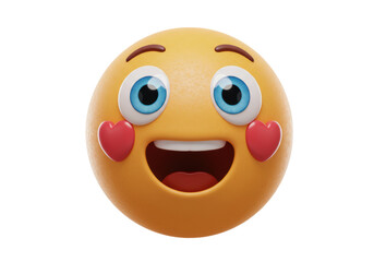 Isolated yellow emoji face with red hearts, joyful, happy, expressing love or affection