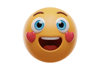 Isolated yellow emoji face with red hearts, joyful, happy, expressing love or affection