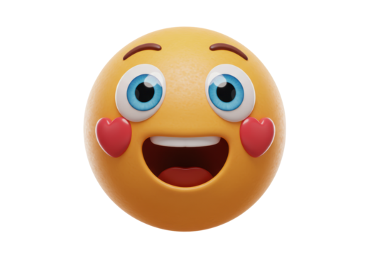 Isolated yellow emoji face with red hearts, joyful, happy, expressing love or affection