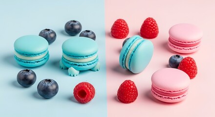 Obraz premium Pastel Macarons with Raspberries and Blueberries.