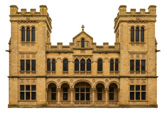 Isolated historic building facade, castle structure, two towers and central section