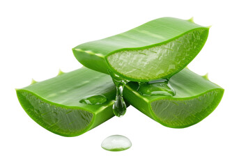 Isolated aloe vera slices with dripping gel, herbal remedy, beauty treatment ingredient