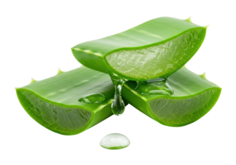 Isolated aloe vera slices with dripping gel, herbal remedy, beauty treatment ingredient