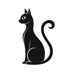 Elegant Black Cat Silhouette with Curled Tail on White Background