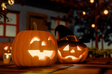 Halloween carved pumpkins with glowing faces and a witch hat on a wooden surface. 3d rendering