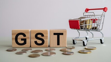 Conceptual image representing goods and services tax gst with wooden blocks coins and a miniature shopping cart symbolizing commerce and finance