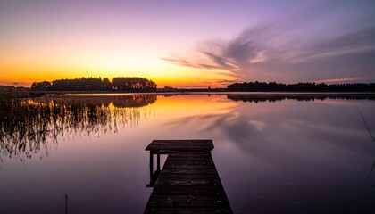 Serene Sunset Lake Landscape with Wooden Dock.