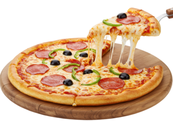 Isolated Pizza with pepperoni, green peppers, and black olives, on wooden serving platter