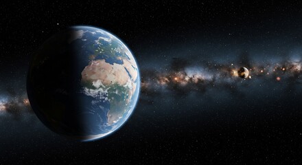 Fototapeta premium 輝く地球 深宇宙背景 壮大な銀河 神秘的夜空. AI Generated