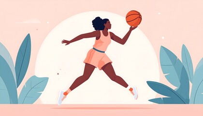Dynamic Black woman basketball player mid-air with ball, vibrant flat illustration