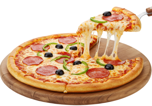 Isolated Pizza with pepperoni, green peppers, and black olives, on wooden serving platter