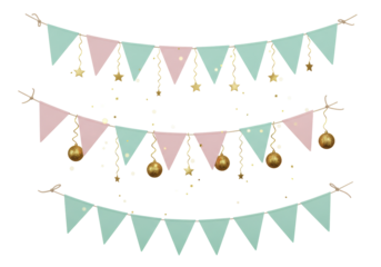 Isolated, party decorations with pennant banners and ornaments for baby shower, birthday
