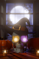 Halloween skull with glowing eyes wearing a witch hat surrounded by pumpkins and candles. 3d rendering