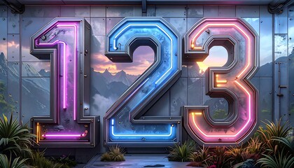 Illuminated numbers against a backdrop of mountains