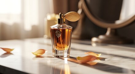 Perfume bottle on marble surface with rose petals.