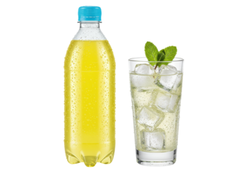 Isolated Refreshing Lemon Soda Beverage Ready to Drink. Bottle and Glass with Ice Cubes