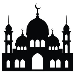 Black silhouette of a mosque with domes and crescent moon