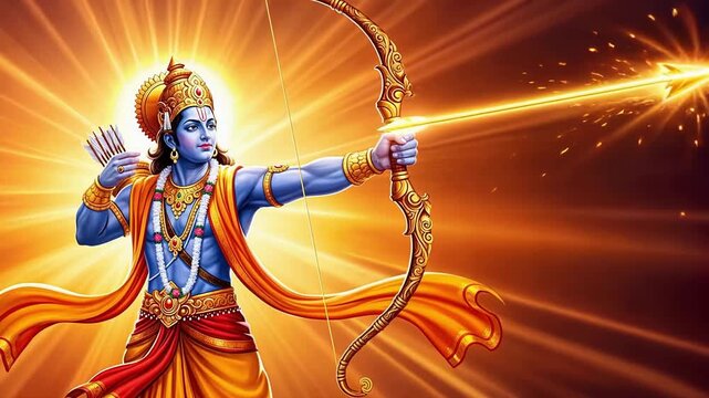 Indian Lord Rama with Bow  Pulling and Launching Flying Golden Arrow 