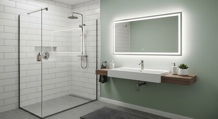 Modern Bathroom Interior with Glass Shower and Illuminated Mirror.