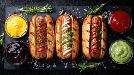 Top view of grilled Bavarian sausages on a dark wooden cutting board
