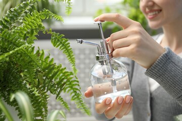 Young woman spraying beautiful houseplant with water from bottle indoors, closeup