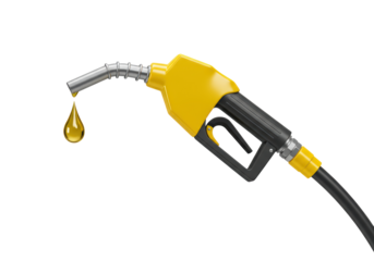 Isolated fuel dispenser nozzle, petrol flowing into drop for gas station refueling car tank
