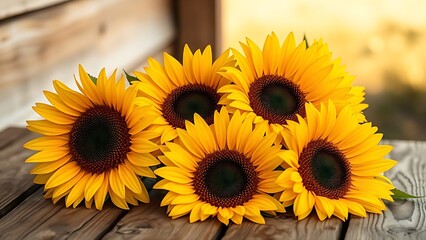 Fototapeta premium Sunflowers resting on weathered wood, bathed in warm golden sunlight with a softly blurred background.