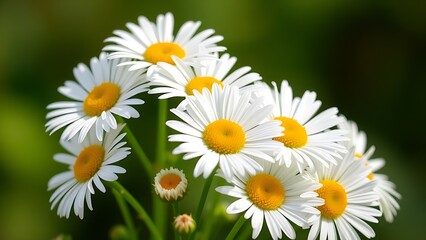 Fototapeta premium Fresh daisies in a simple bouquet, bathed in natural daylight with a soft green backdrop.