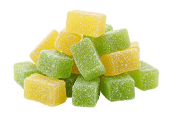 Isolated mound of fruit jelly candies in yellow and green, sugary coated gummy sweets