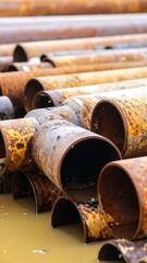 Rusty pipes stacked in a puddle