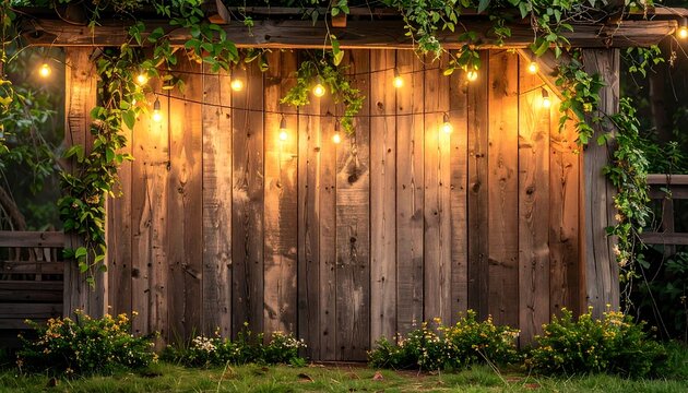 Rustic wooden wall adorned with string lights and greenery