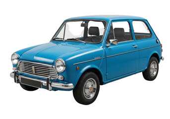 Isolated blue 1970s economy car, subcompact vehicle, retro automotive lifestyle object