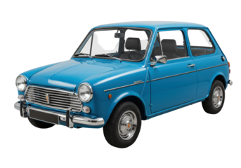Isolated blue 1970s economy car, subcompact vehicle, retro automotive lifestyle object