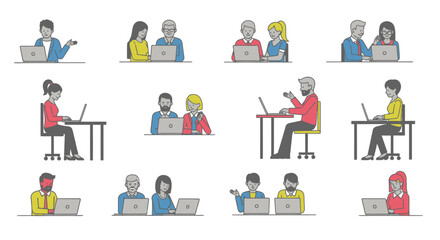 People working on laptops flat design vector collection set business concept