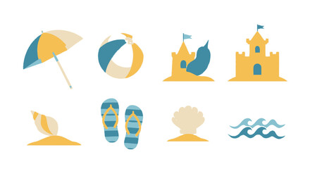 Fototapeta premium Summer fun at the beach vector illustration beach umbrella ball castle flip flops