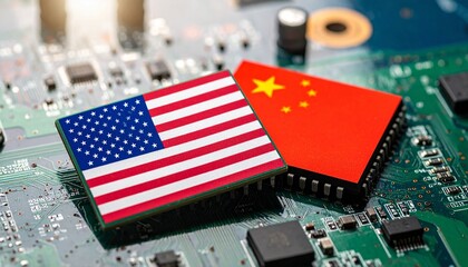 US&ndash;China flags on microchips, symbolizing tech rivalry and global innovation.
