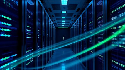 Fototapeta premium Server room with abstract LED light patterns in blue and green.