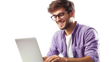 Smiling man with glasses working on a laptop with a happy expression