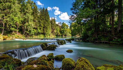 Serene River Flowing Through Lush Green Forest Under Blue Sky.