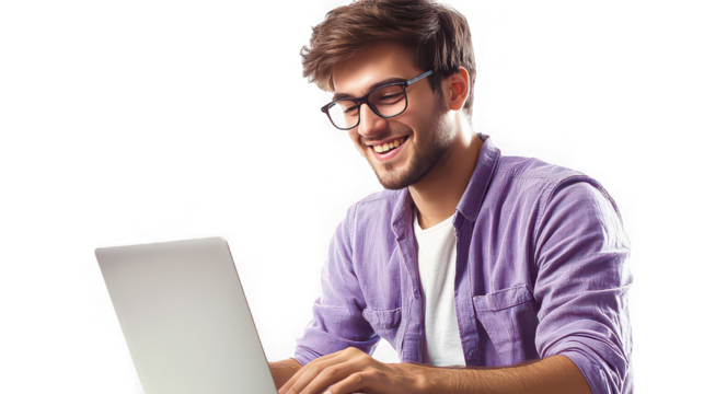 Smiling man with glasses working on a laptop with a happy expression