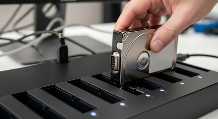 Person installing hard drive into docking station.