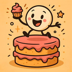 Cheerful cartoon character celebrating with a cupcake on top of a cake.