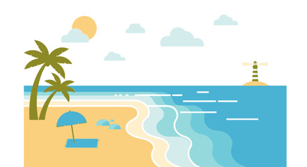 Fototapeta premium Tropical Seaside Beach Vacation Scenery with Palm Trees and a Lighthouse