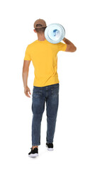 Delivery man with cooler bottle of water on white background, back view