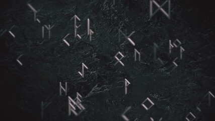Dark runic motion background with gently moving metallic runes, particles and morphing black rock texture. Full HD and looping runology symbols background animation.