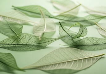 Obraz premium Skeletonized Leaves Pile CloseUp on Pale Green Backdrop with Visible Veins Texture