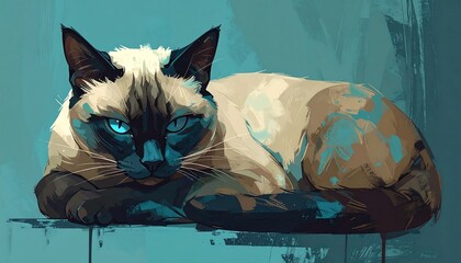 Siamese Cat with Piercing Blue Eyes Resting Peacefully.