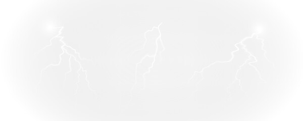 Realistic lightning flash effect, thunderstorm and lightning. Shining white lightning isolated on transparent background, natural phenomenon png.	
