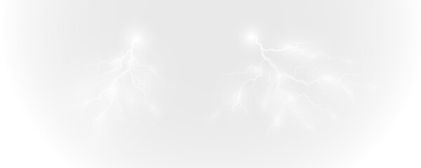Realistic lightning flash effect, thunderstorm and lightning. Shining white lightning isolated on transparent background, natural phenomenon png.	
