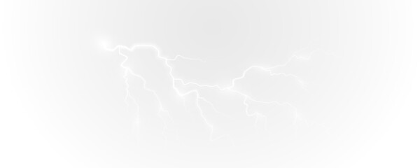 Realistic lightning flash effect, thunderstorm and lightning. Shining white lightning isolated on transparent background, natural phenomenon png.	
